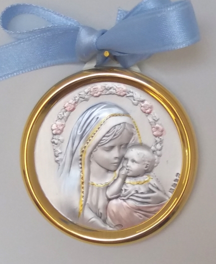 Médaillon de baptême motif Sainte Vierge Marie et enfant Jésus